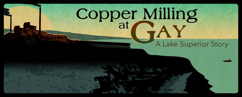 Exhibit title Copper Milling at Gay on stylized beach background